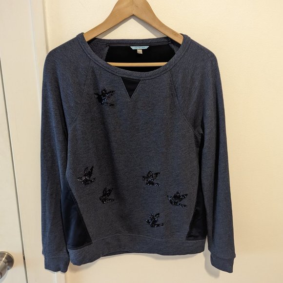 Anthropologie Leifnotes Navy Blue "Migrating Birds" Sequin Sweatshirt - Picture 2 of 11